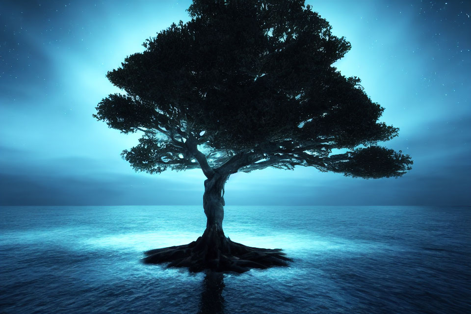 Serene blue tone starlit night sky with solitary tree on water island