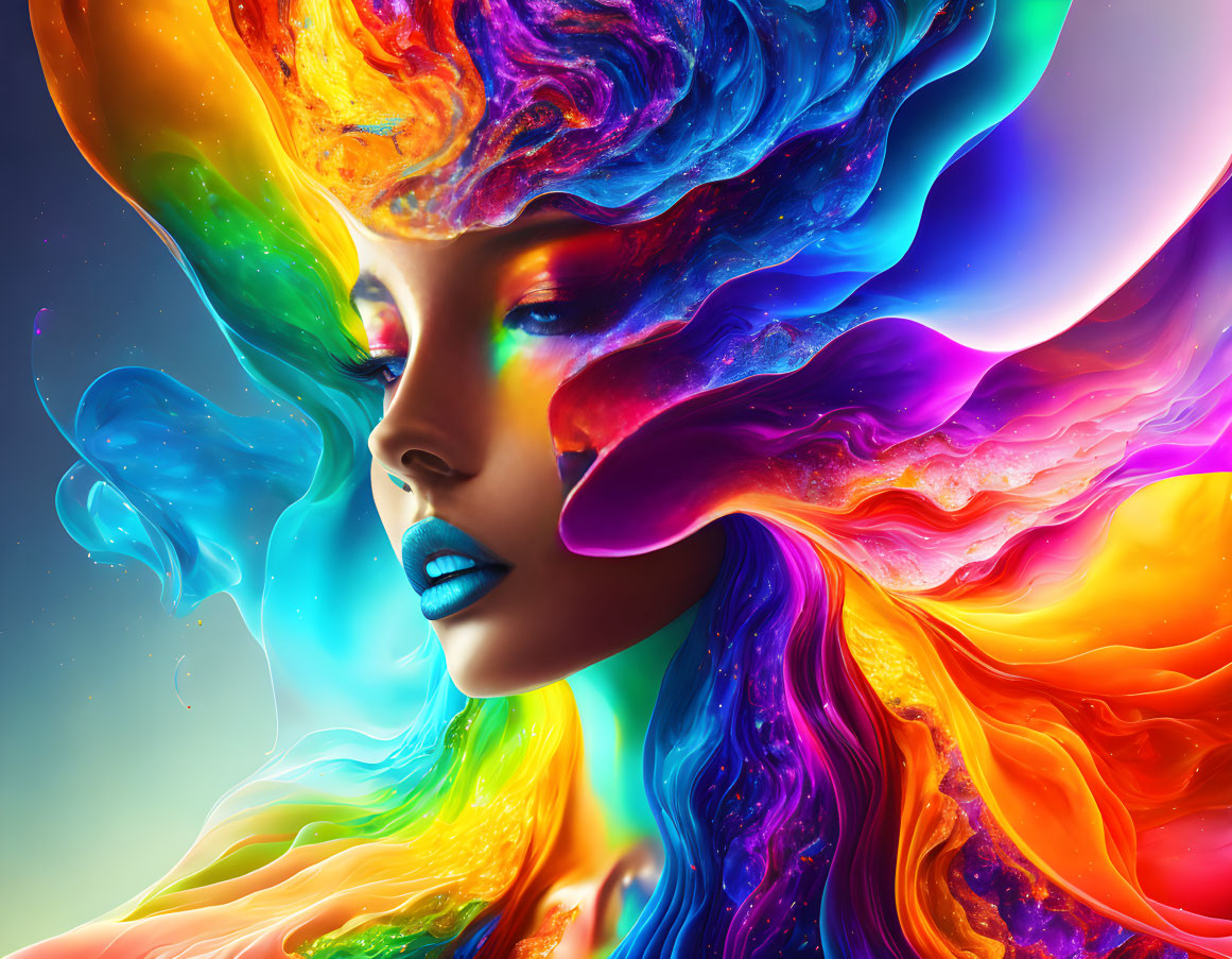 Colorful digital artwork: Woman with flowing hair on blue gradient.