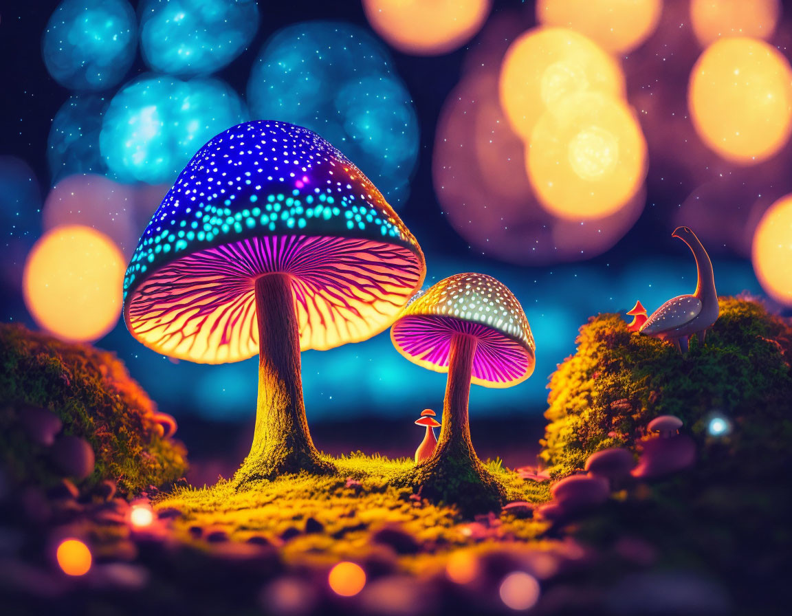 Bioluminescent mushrooms in enchanted forest with bokeh lights