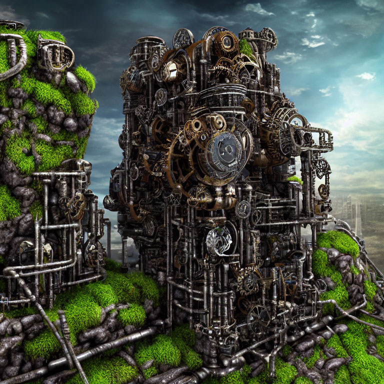 Interwoven metallic gears and pipes with green moss on cloudy sky