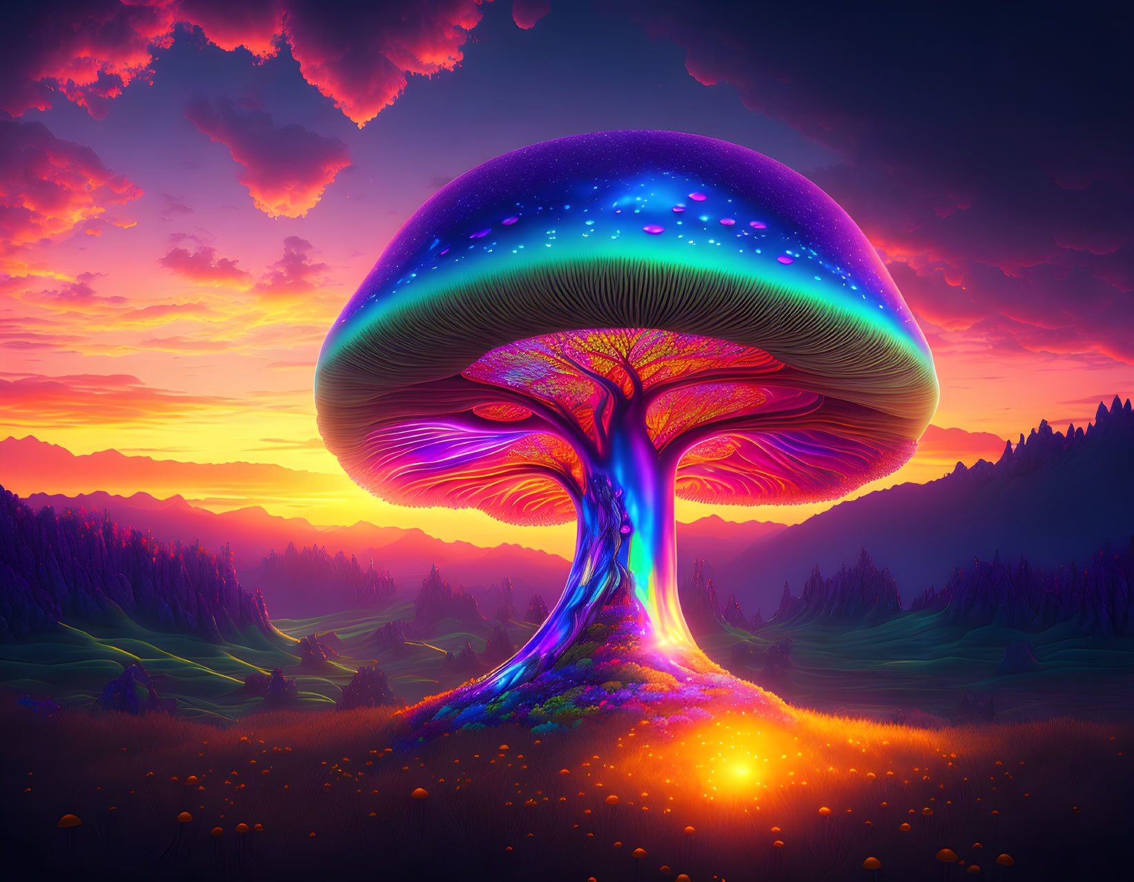 Colorful giant mushroom art in neon landscape at sunset