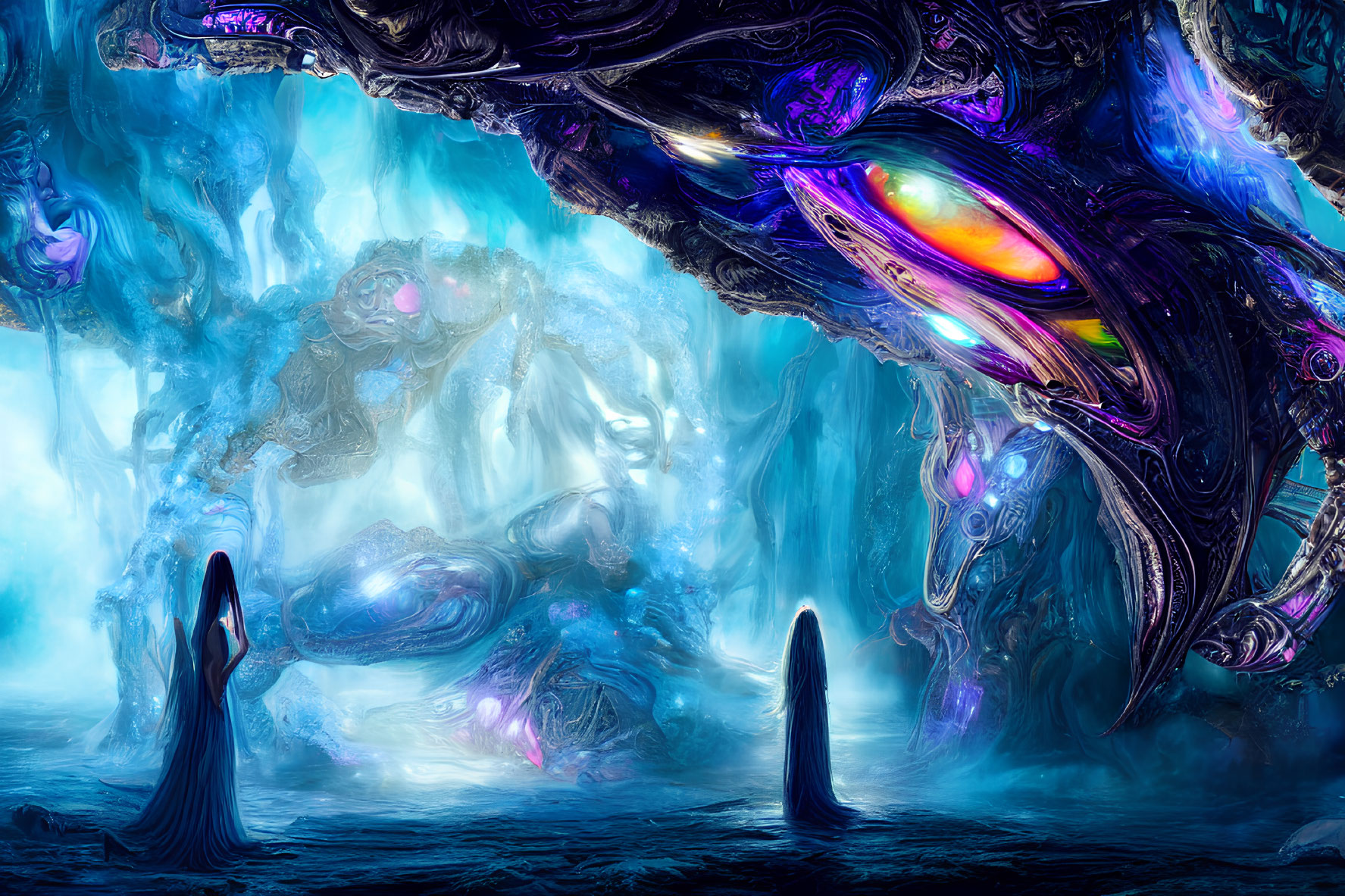 Alien entities and organic structures in blue and purple against icy cavernous backdrop