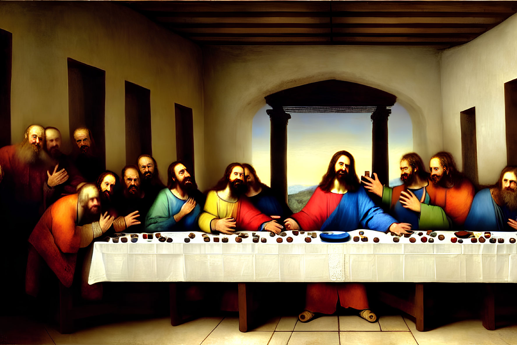 Religious painting of The Last Supper with Jesus and twelve disciples at long table in room with arch