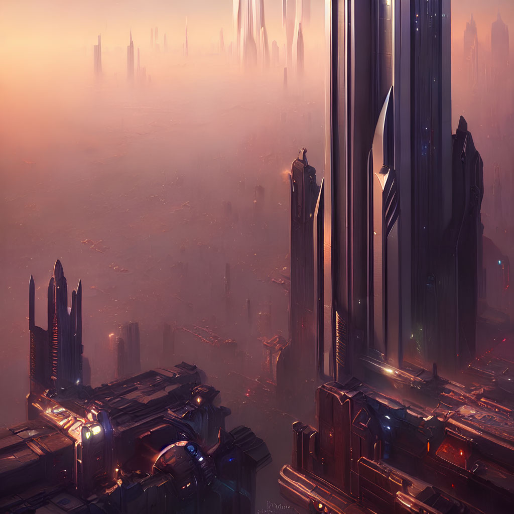 Futuristic cityscape with glowing skyscrapers and airships at dusk