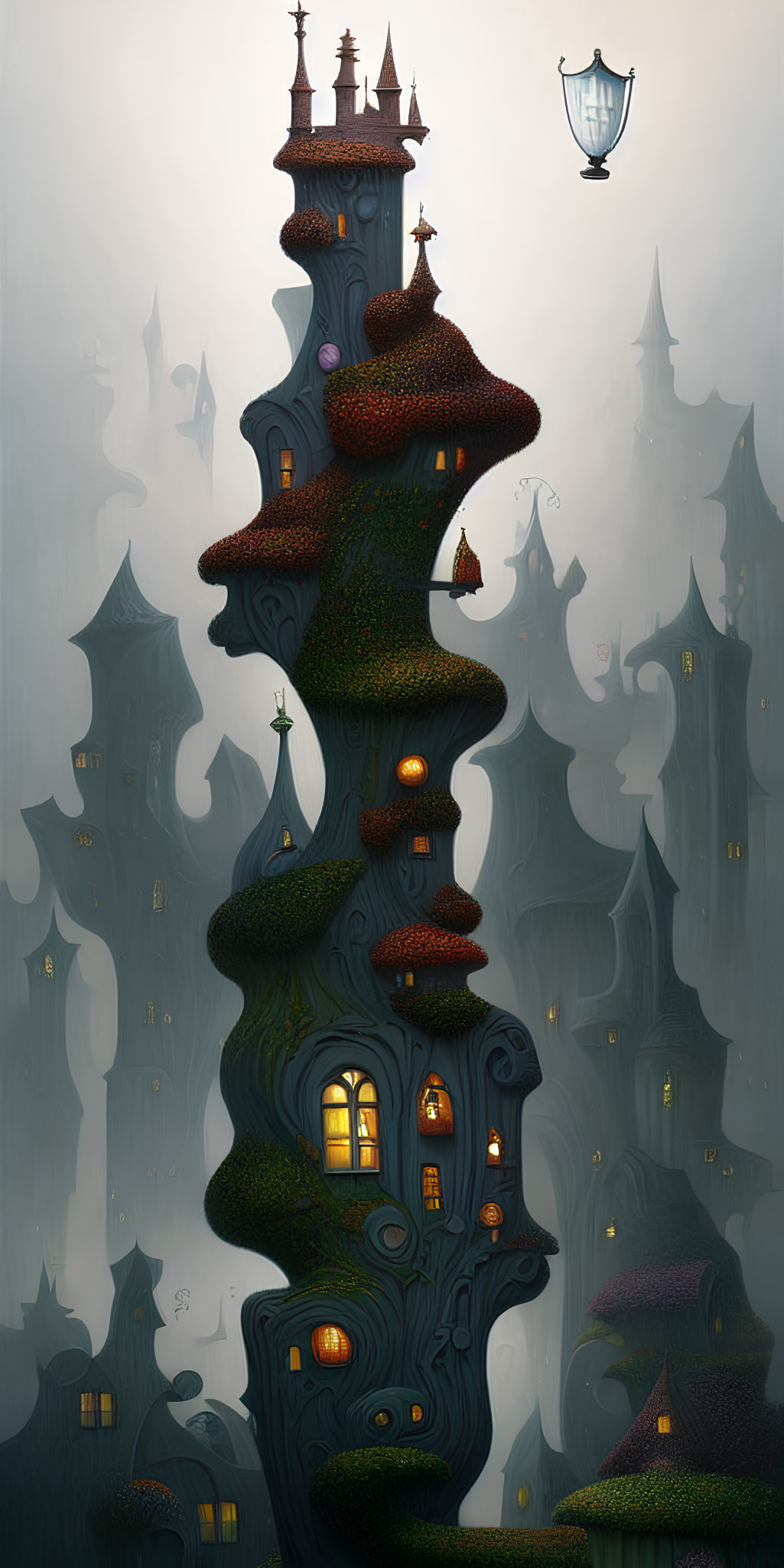 Illustration of towering fantasy house with winding staircases in misty forest.