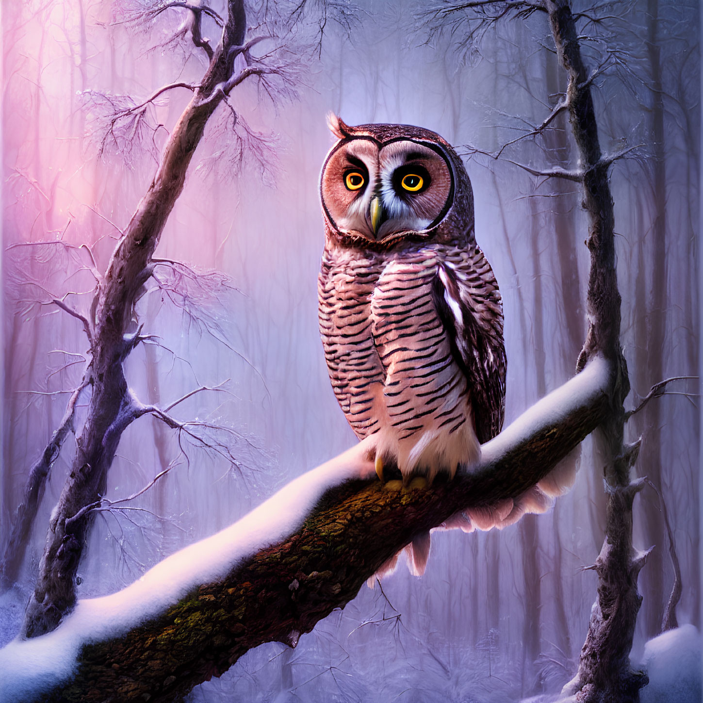 Owl perched on snowy forest branch with purple and pink hues