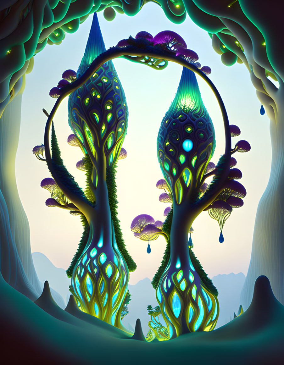 Bioluminescent forest scene with vibrant alien-like flora