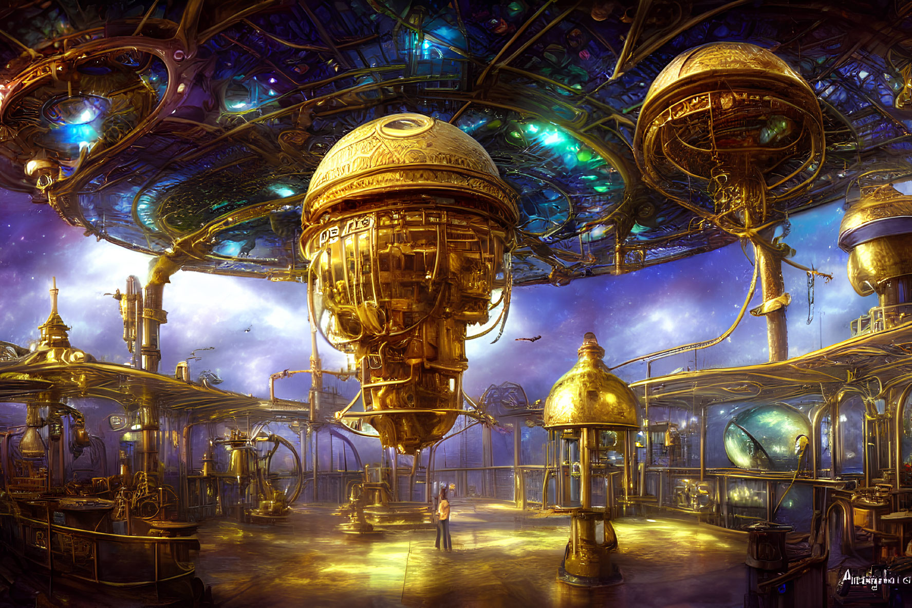 Steampunk interior with ornate spherical structure and cosmic backdrop