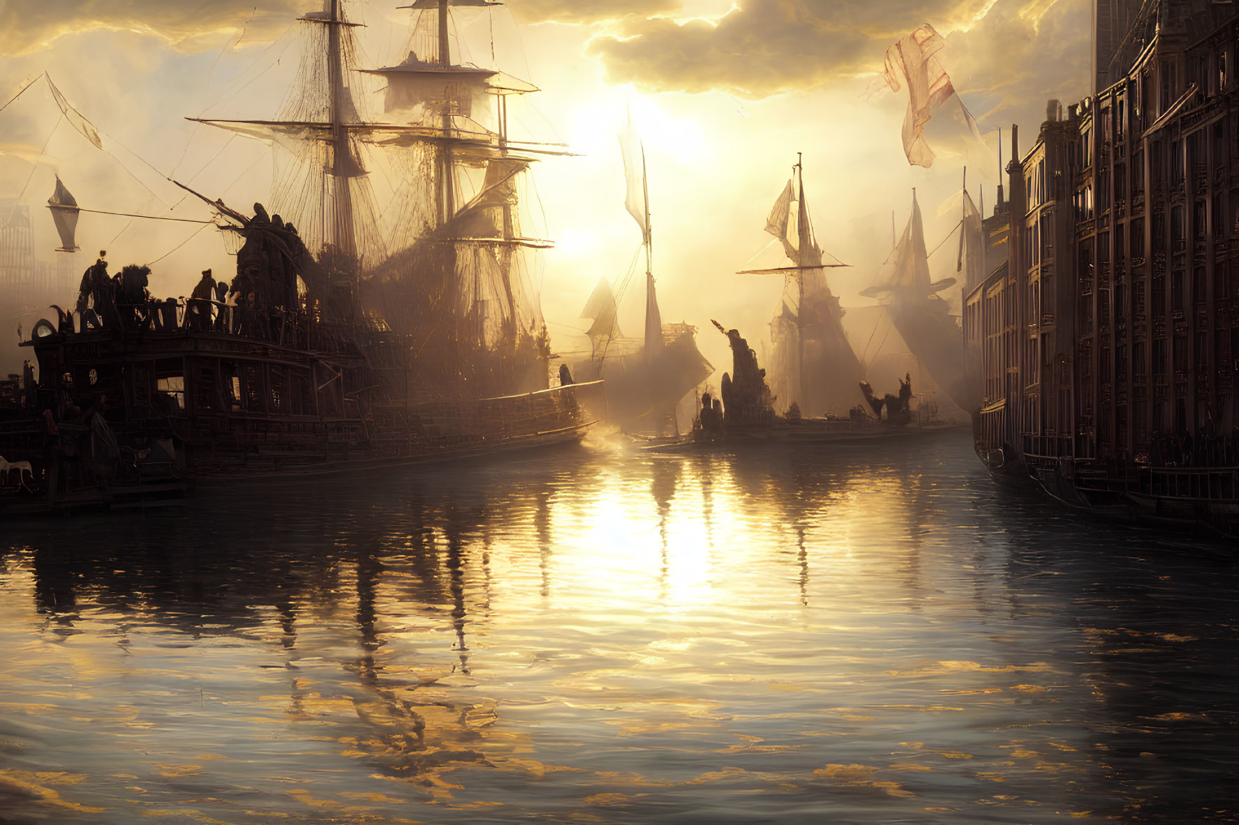 Vibrant golden sunset over bustling harbor with tall ships and dynamic skies