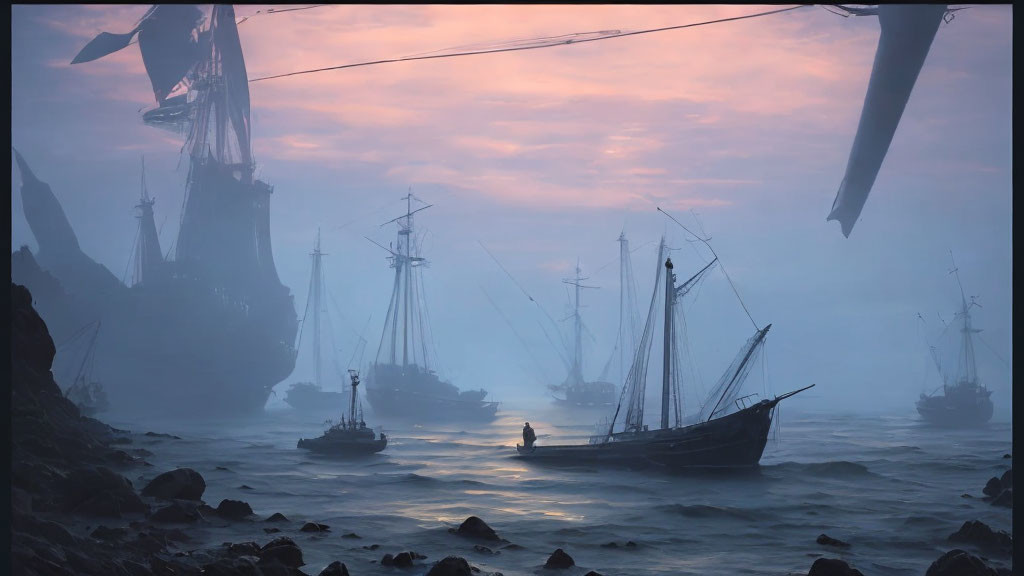 Misty harbor with tall ships at twilight and lone figure on rocky shore