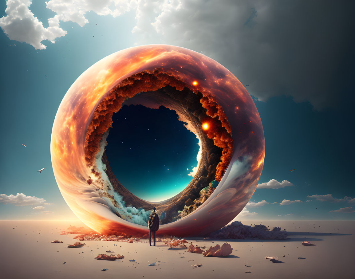 Surreal spherical portal in desolate landscape with starry sky