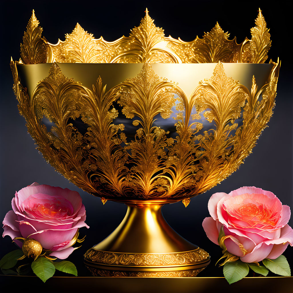 Golden leaf-patterned bowl with pink roses on dark background