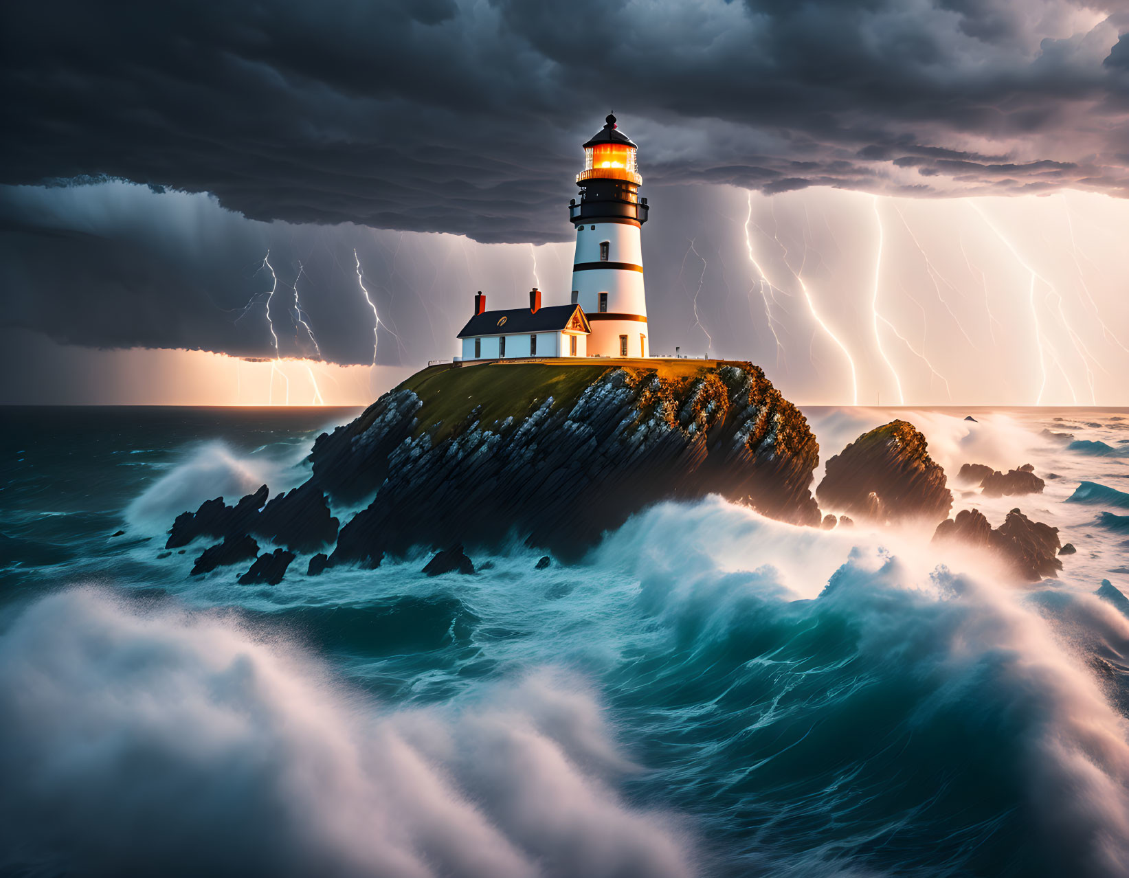 Stormy seas with lighthouse on rocky outcrop amid crashing waves and lightning strikes