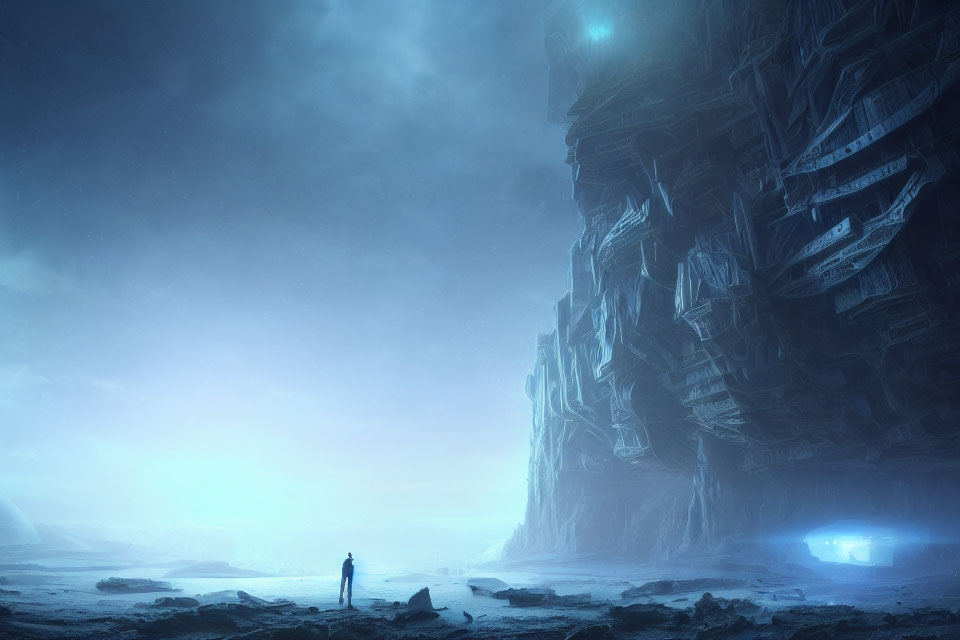 Mysterious figure in front of futuristic alien landscape