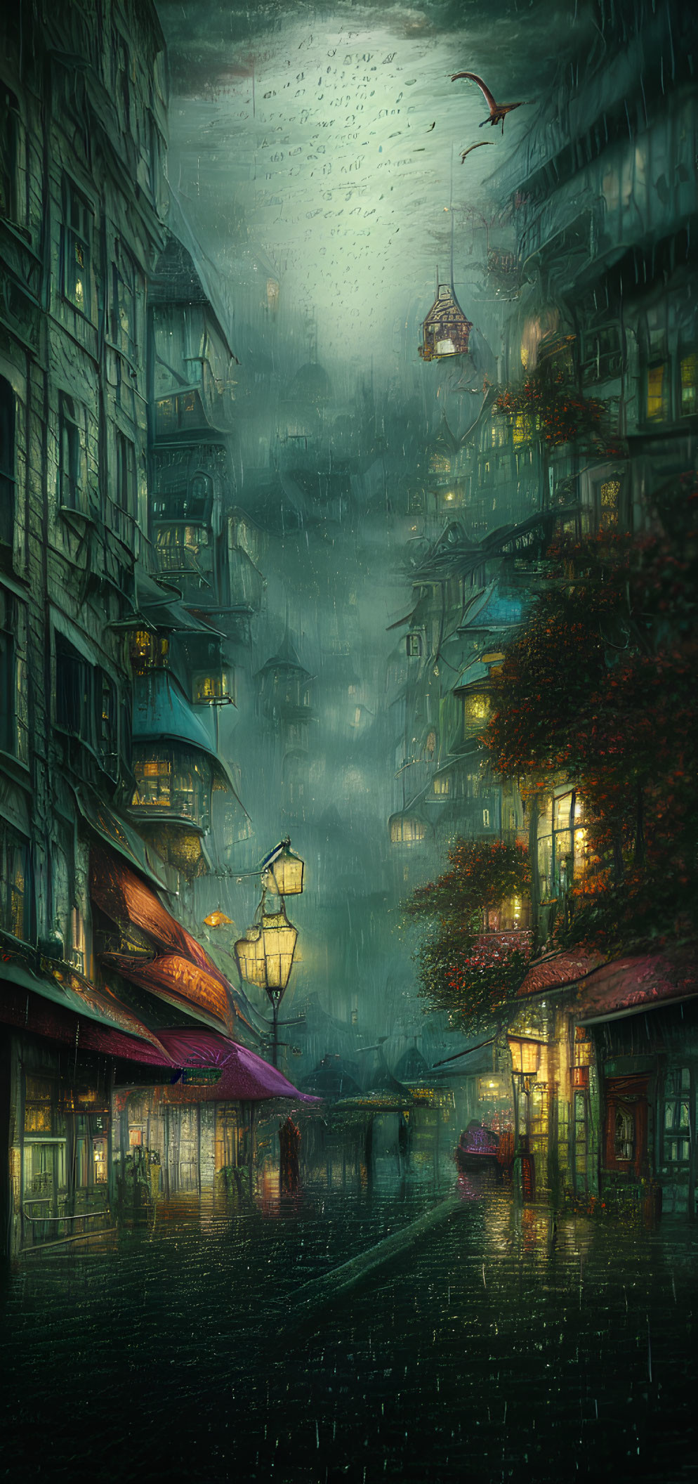 Moody cityscape with rain-soaked cobblestone street, illuminated buildings, umbrella holder, and