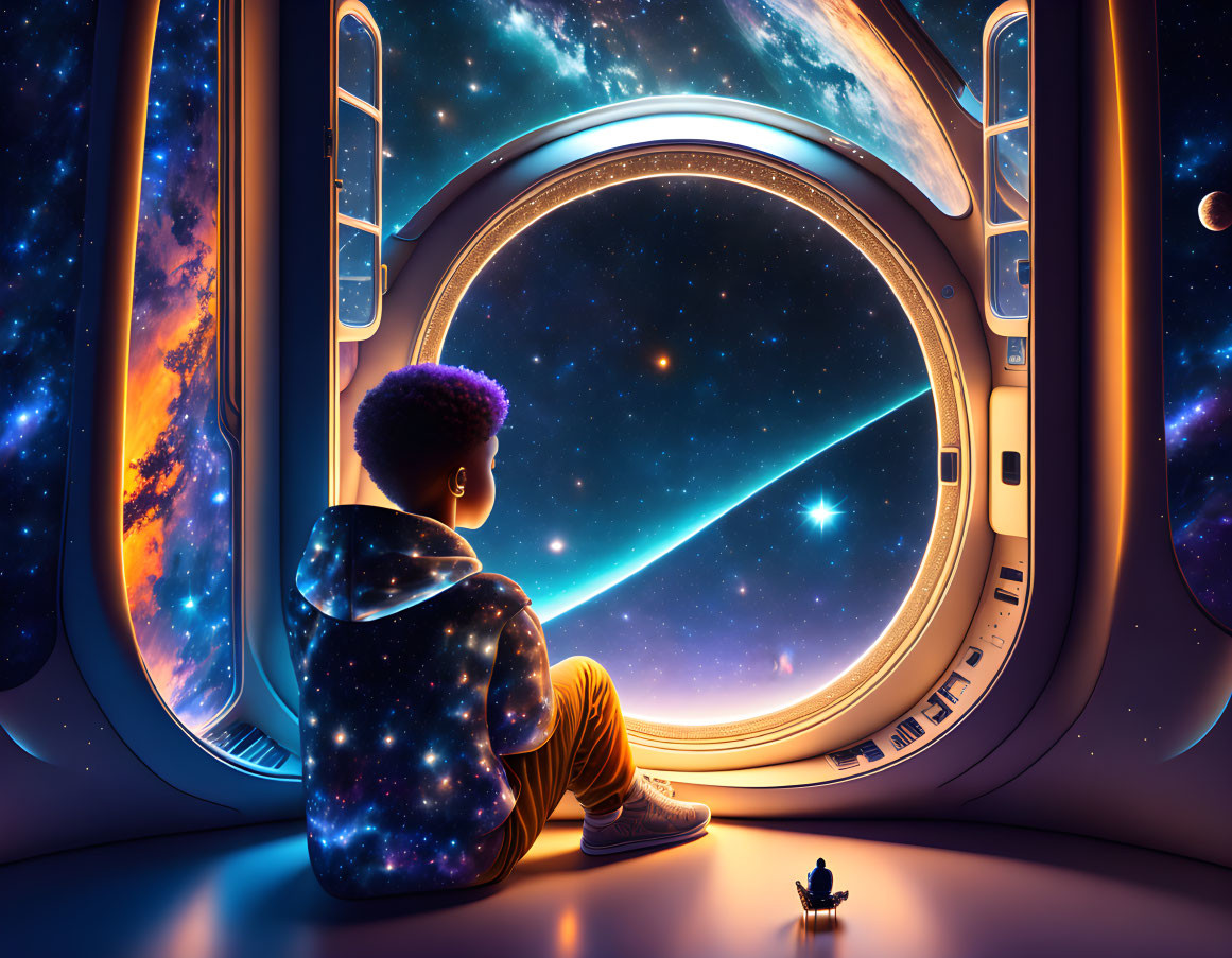 Purple-haired person gazes at stars from spaceship window with small robot.