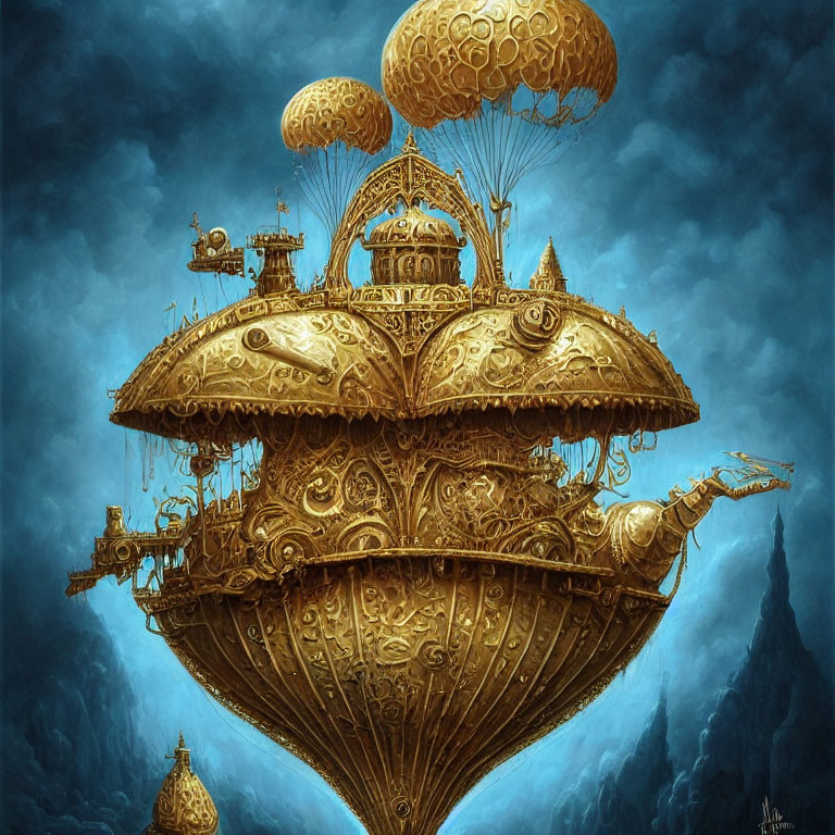 Detailed steampunk airship with brass embellishments and propellers in cloudy sky