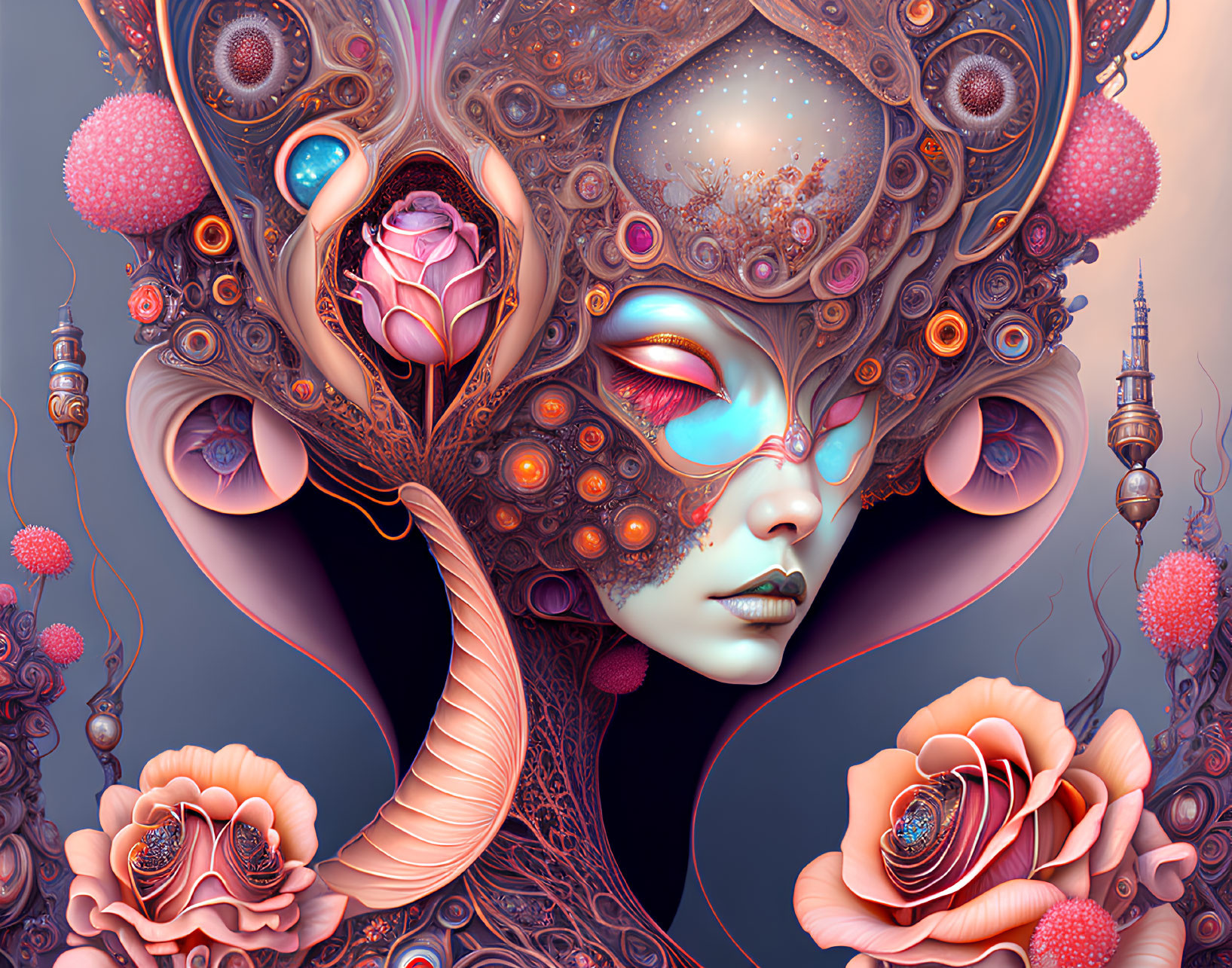 Surreal digital artwork: Female figure with ornate floral and cosmic motifs