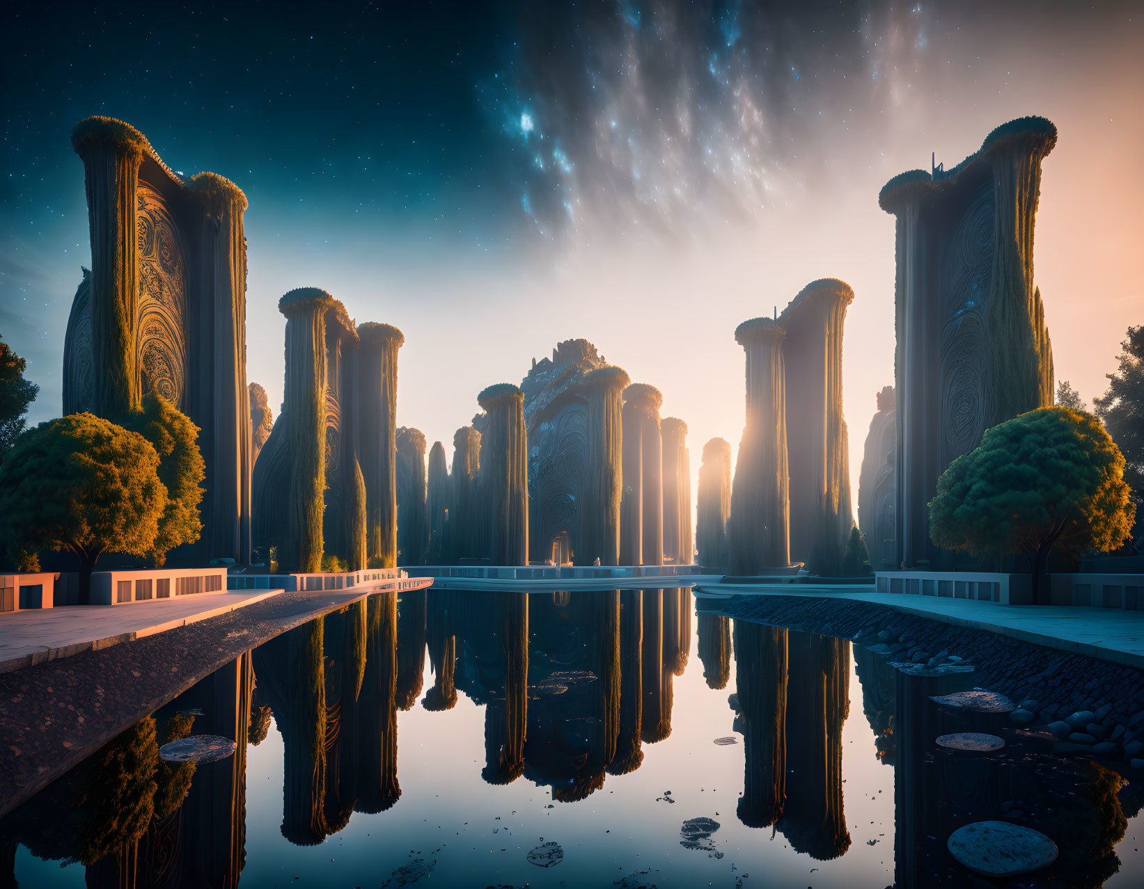 Ornate structures reflected in serene lake at dusk