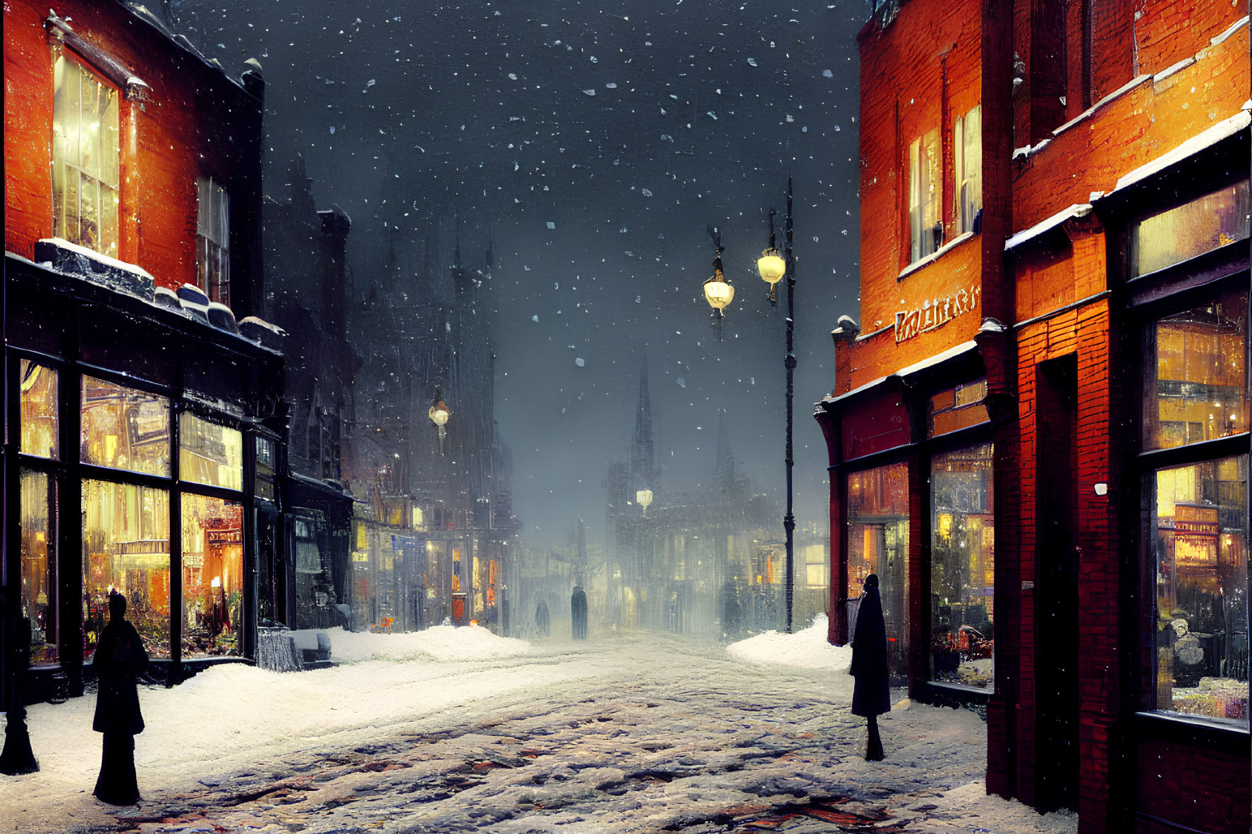 Snowy Evening Scene: Old-Fashioned Street with Lamp Posts, People, and Cozy Shops