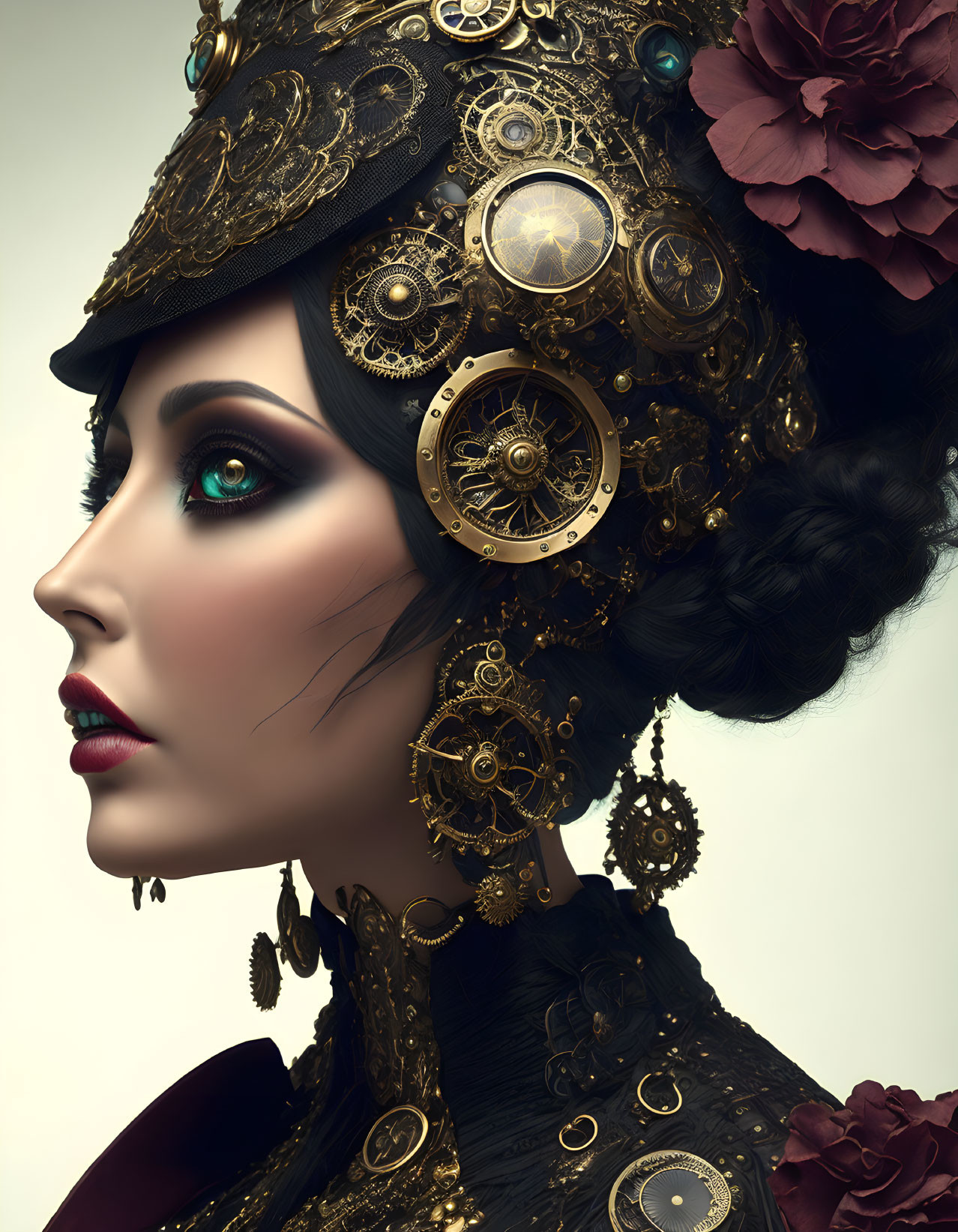 Steampunk-inspired woman with gear-adorned hat and floral accents