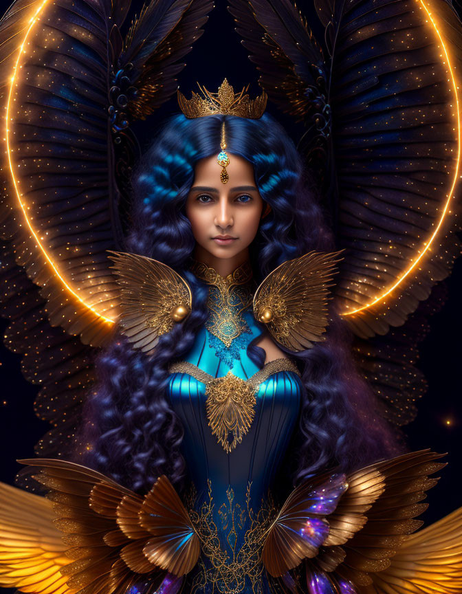 Regal woman with blue hair and golden crown in butterfly-themed attire