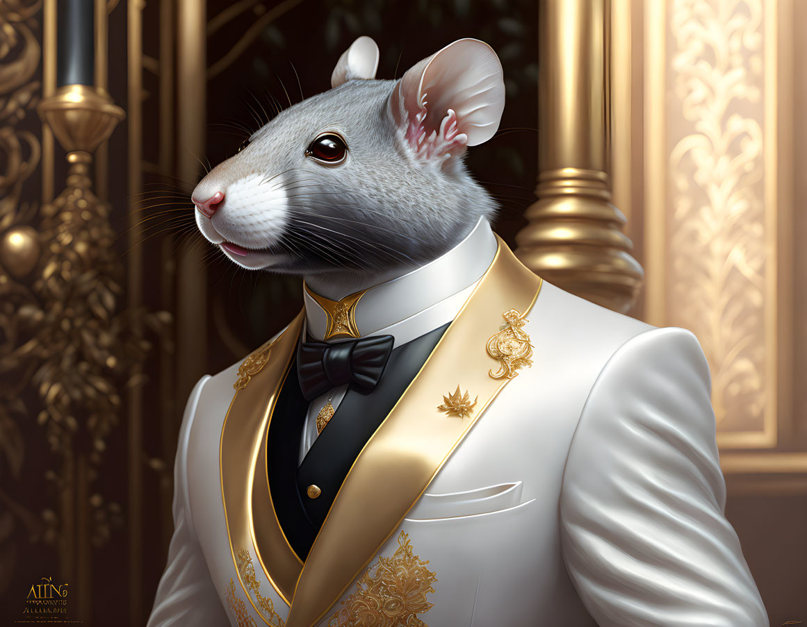 Elegant anthropomorphic rat in white suit in luxurious room