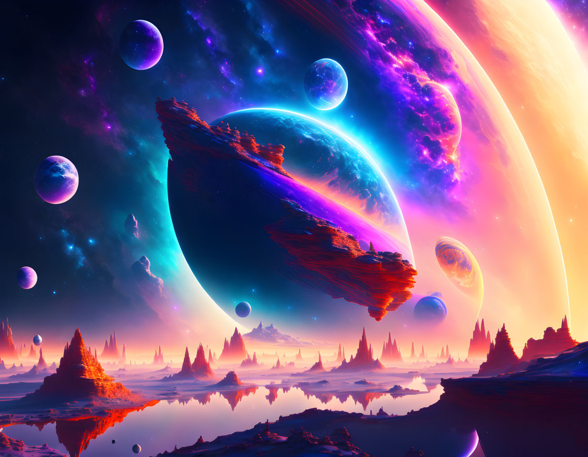 Colorful Sci-Fi Landscape with Multiple Planets in Nebula Sky