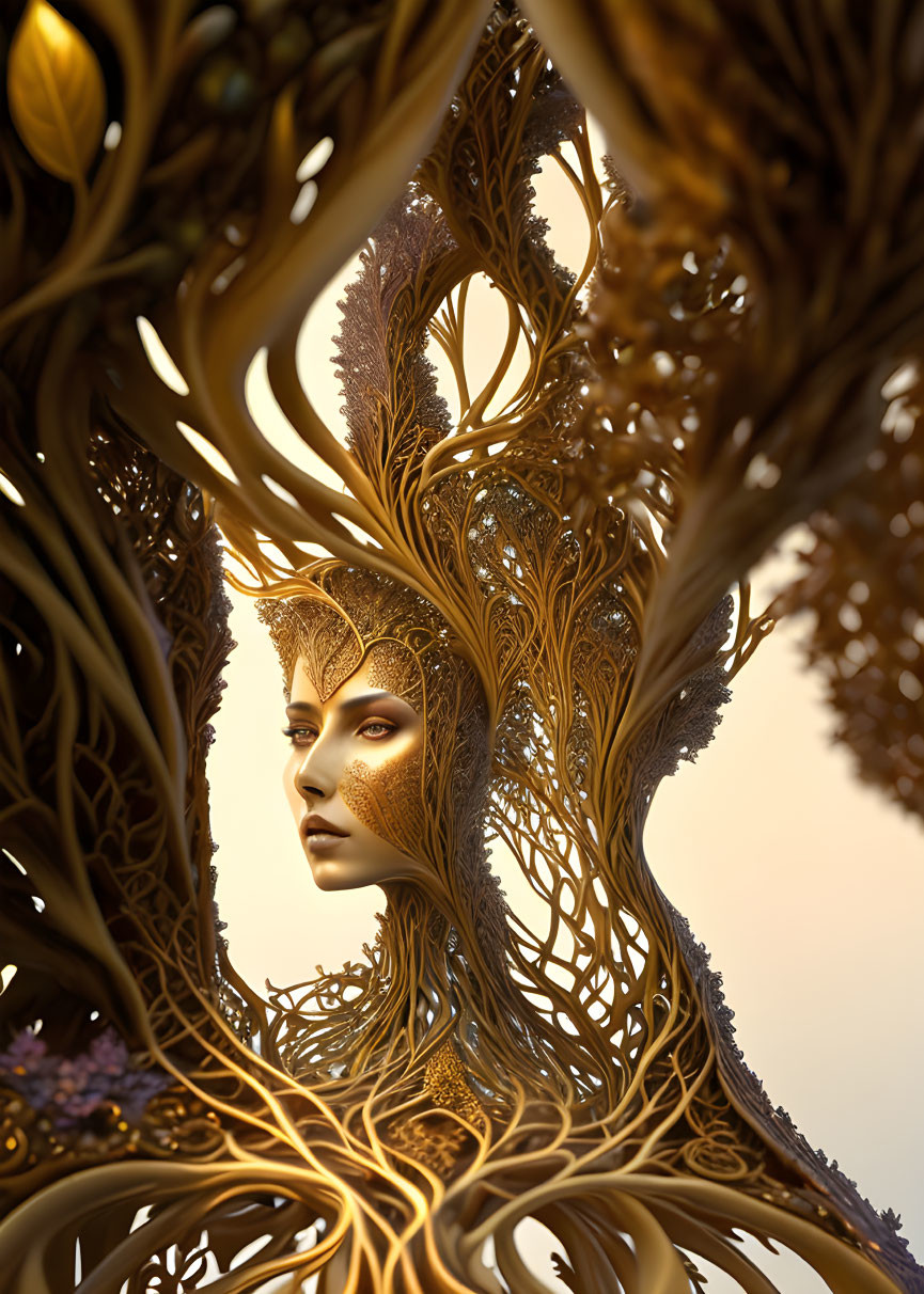 Surreal portrait: woman's face in golden tree-like structures