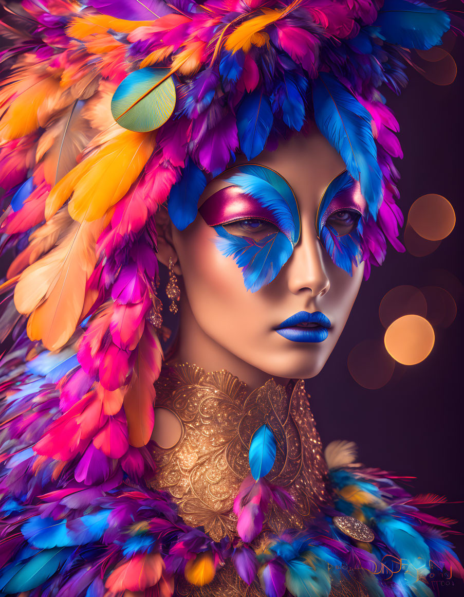 Vivid portrait of a woman in dramatic feathered headdress and colorful makeup