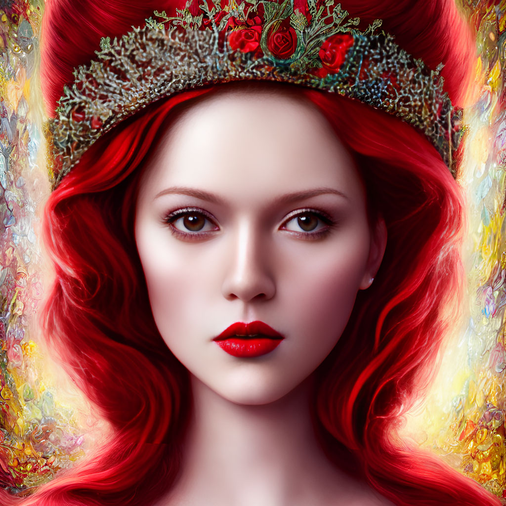 Vibrant red-haired woman with jeweled crown in digital art