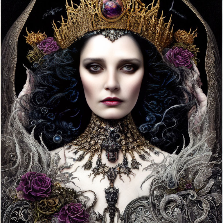 Regal woman with golden crown and dark hair among black and purple roses