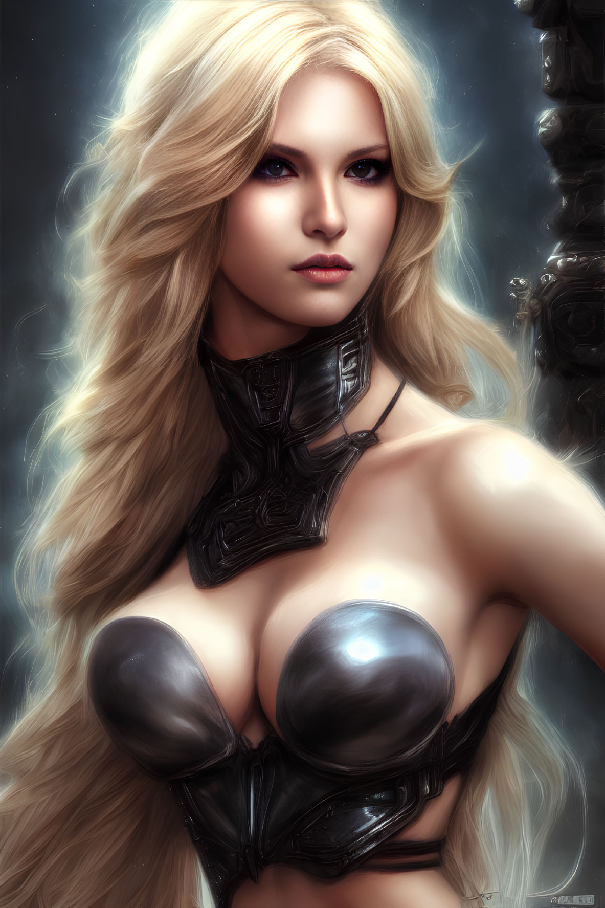 Blond woman in fantasy black armor corset on misty background