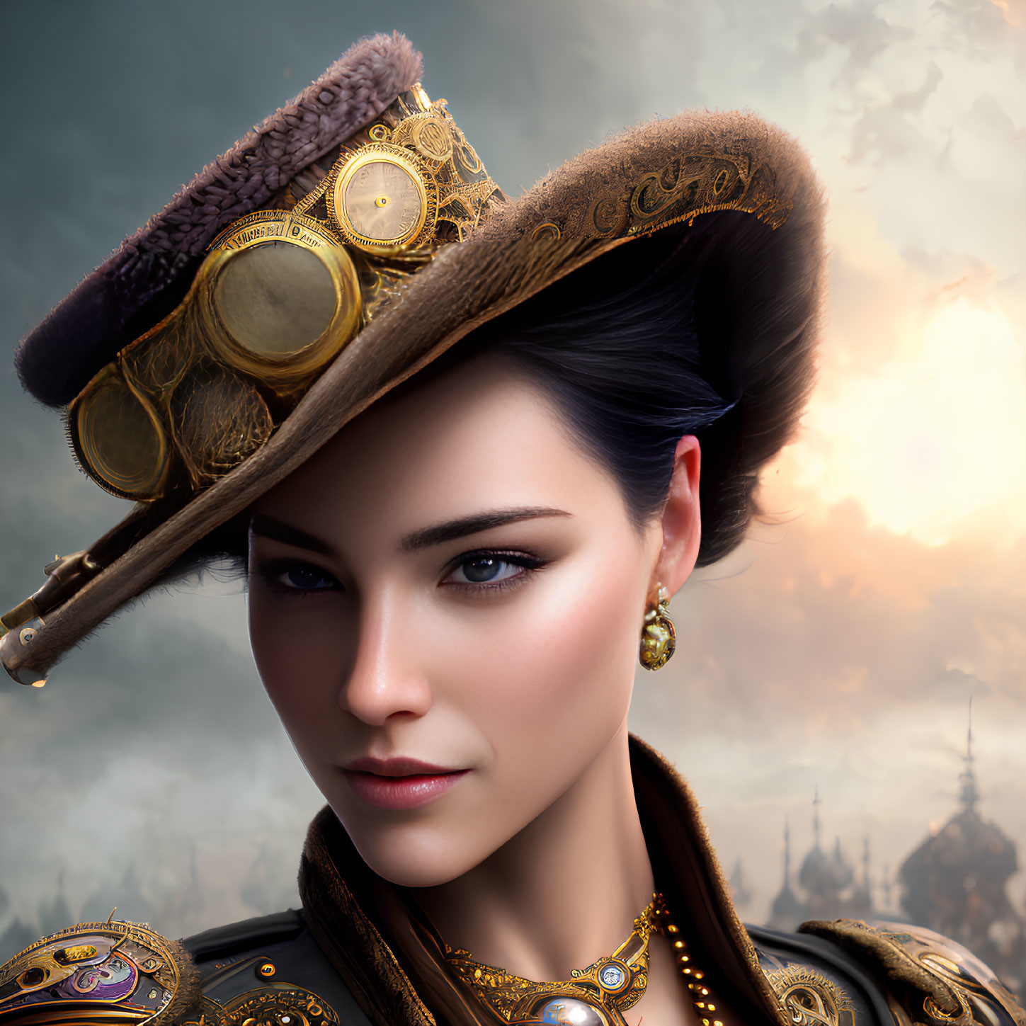 Digital portrait of a woman in steampunk-inspired attire with gears, feathered hat, and gold