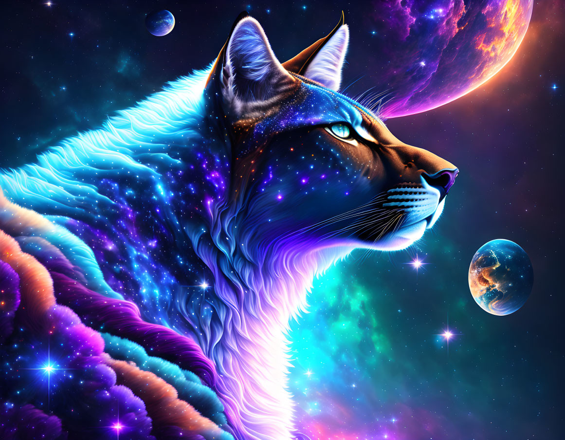 Colorful cosmic cat illustration with stars, planets, and nebulae on deep space background