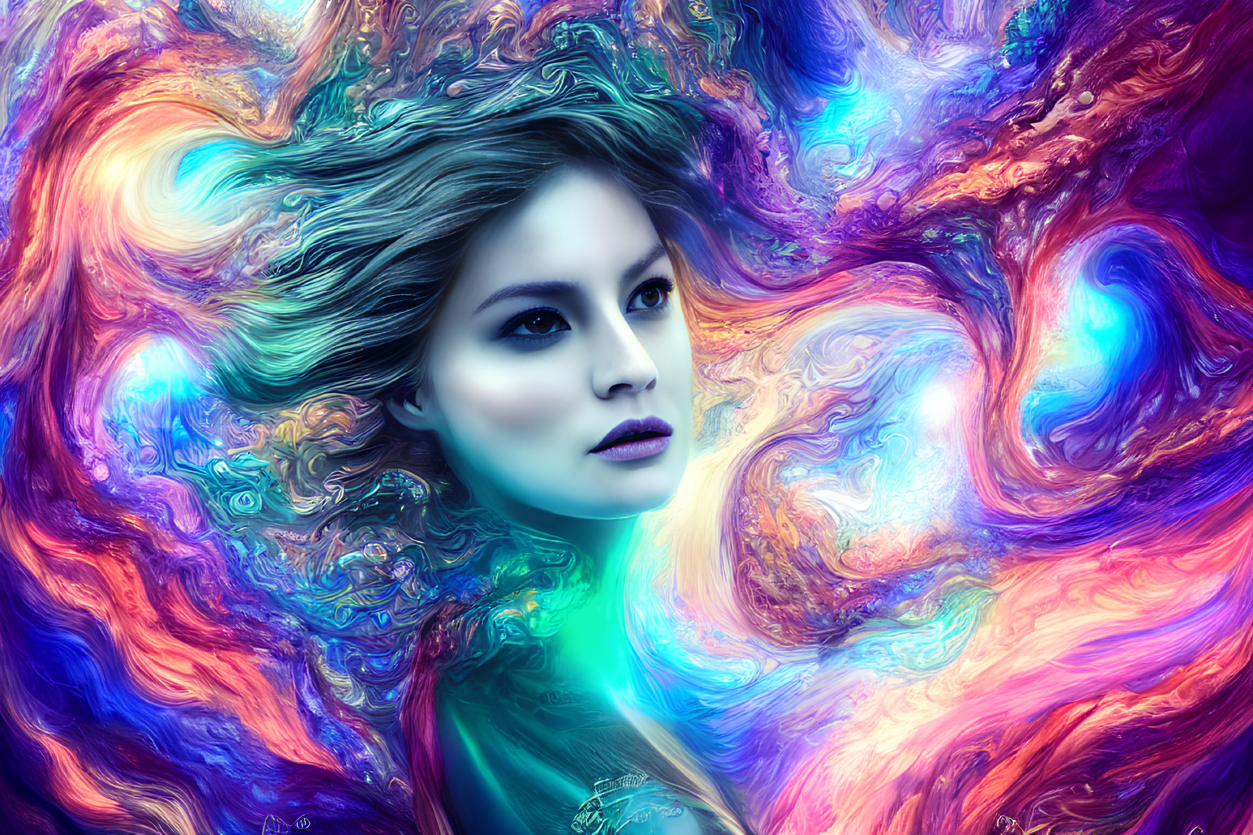 Vibrant cosmic colors swirl around a serene woman's face