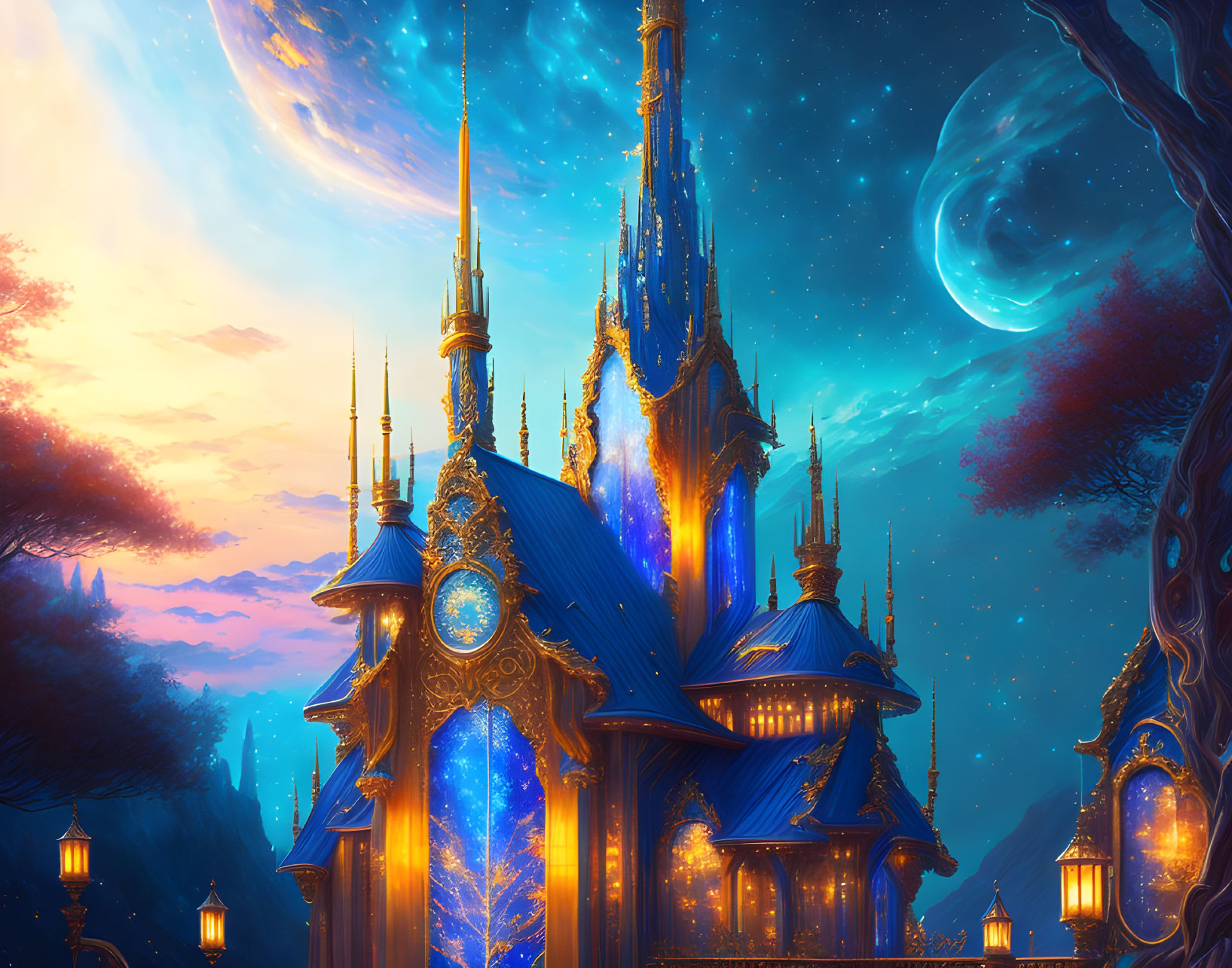 Glowing castle in twilight with two moons and ethereal forest