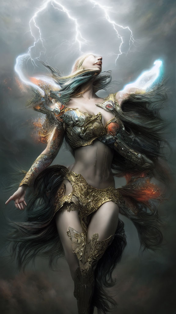 Female warrior in ornate gold armor with flowing hair under lightning strike.