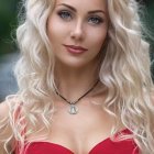 Portrait of woman with pale skin, white curly hair, red floral dress, against green background