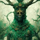 Mystical tree spirit with glowing heart in foggy woodland