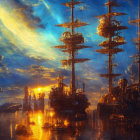 Fantasy sunset harbor with towering ships and intricate masts against dramatic sky