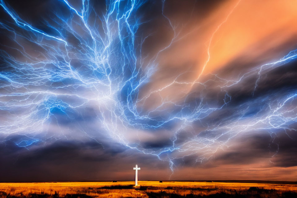 Dramatic sky with lightning over solitary cross in golden field