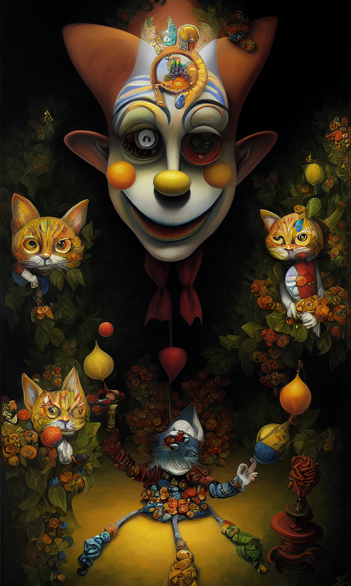 Surreal oversized clown face with anthropomorphic cats in intricate detail