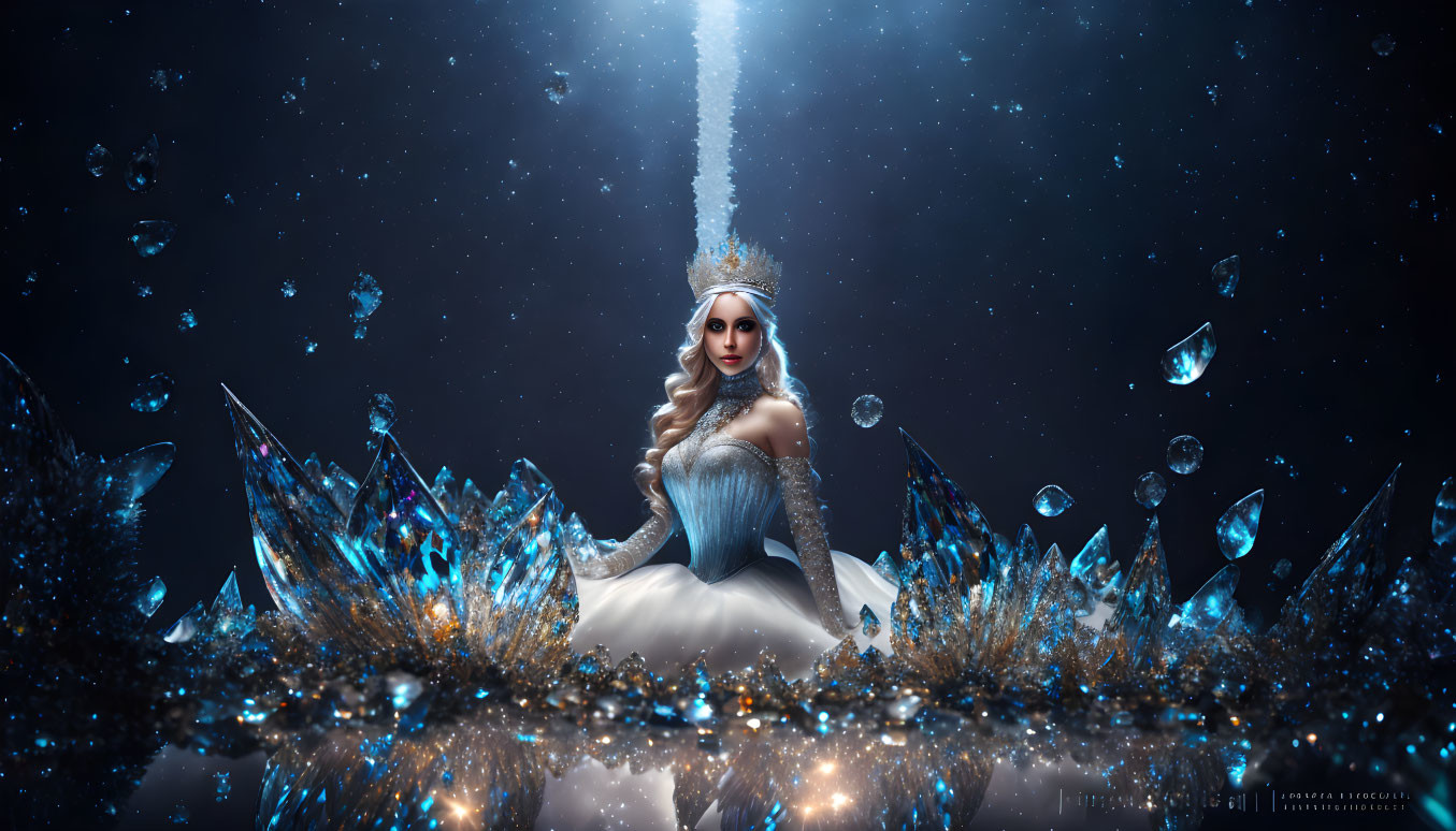 Fantastical image: Woman with crown, luminous crystals, lights, starry dark blue background