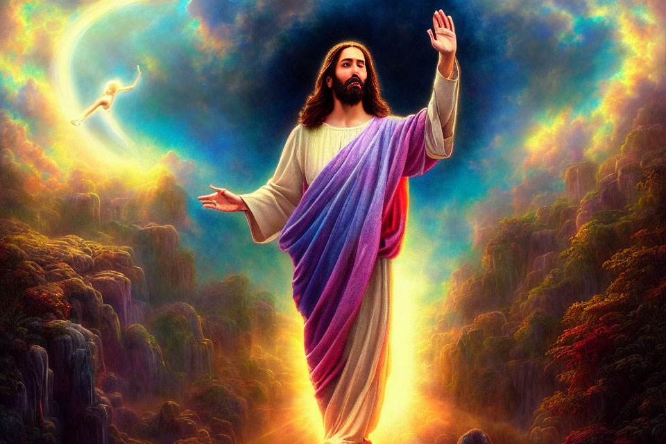 Digital artwork of Jesus in white and purple robes with outstretched arms in a heavenly setting