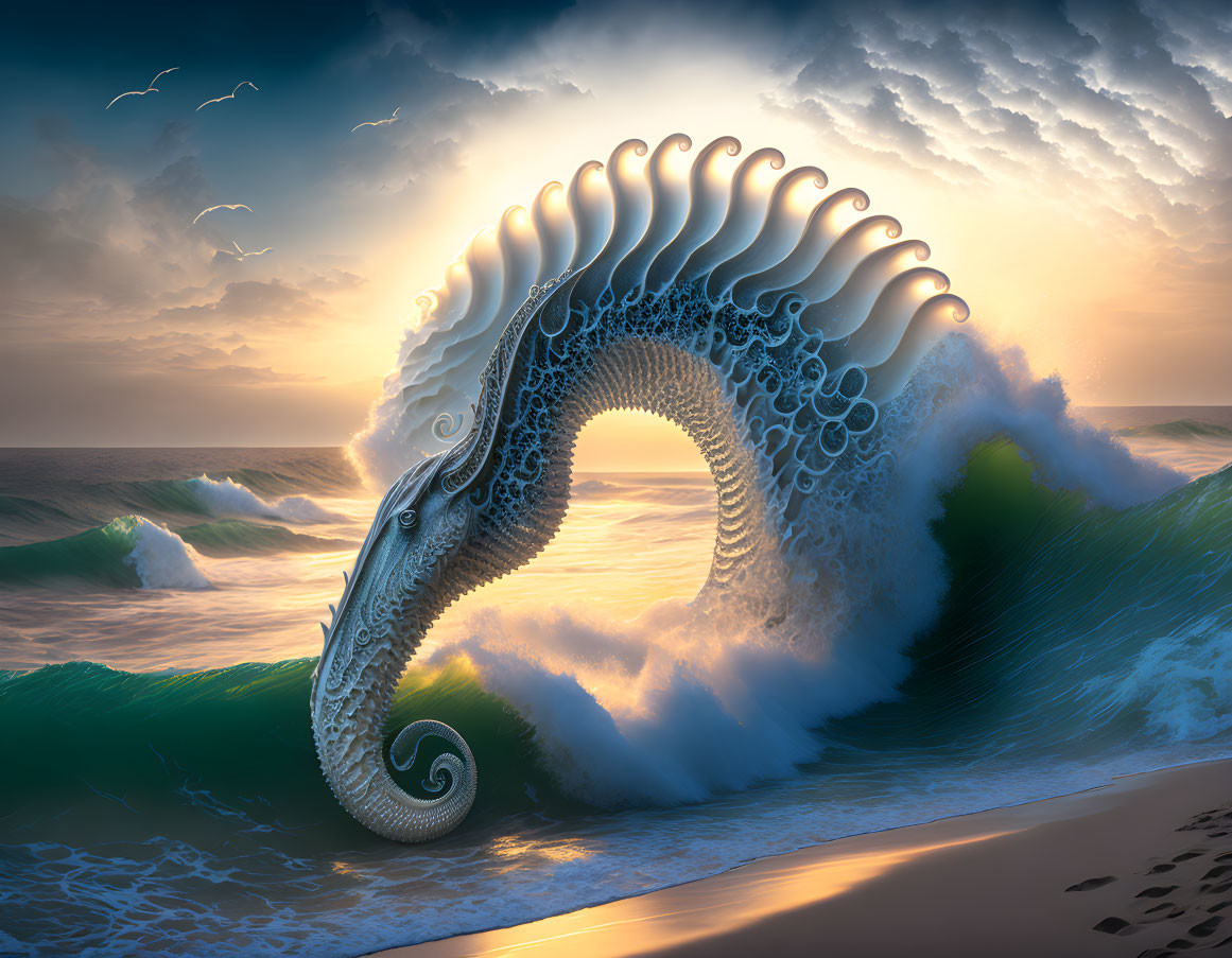 Surreal image of giant wave with seahorse features under dramatic sky