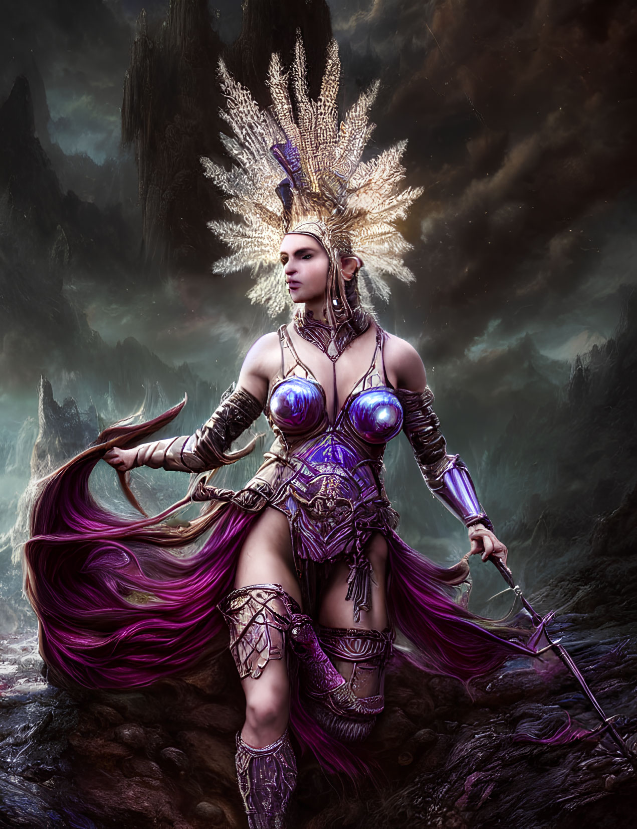 Regal figure in purple and silver armor with sword against mountain backdrop