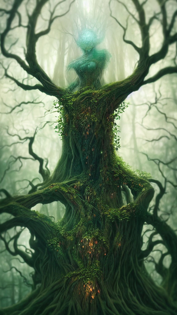 Mystical tree spirit with glowing heart in foggy woodland