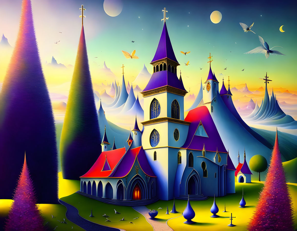 Colorful Landscape with Stylized Church and Moons