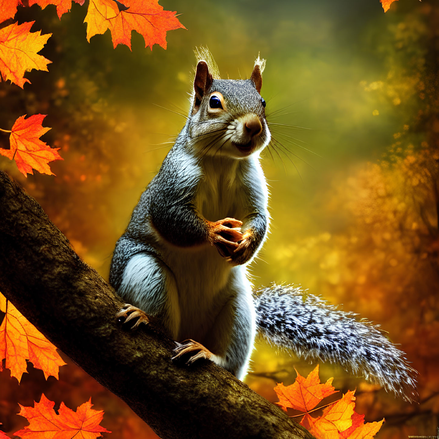 Squirrel with nut on autumn branch among vibrant leaves